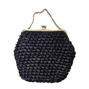 Vintage 1960s Handbag Black Woven Raffia Straw Purse